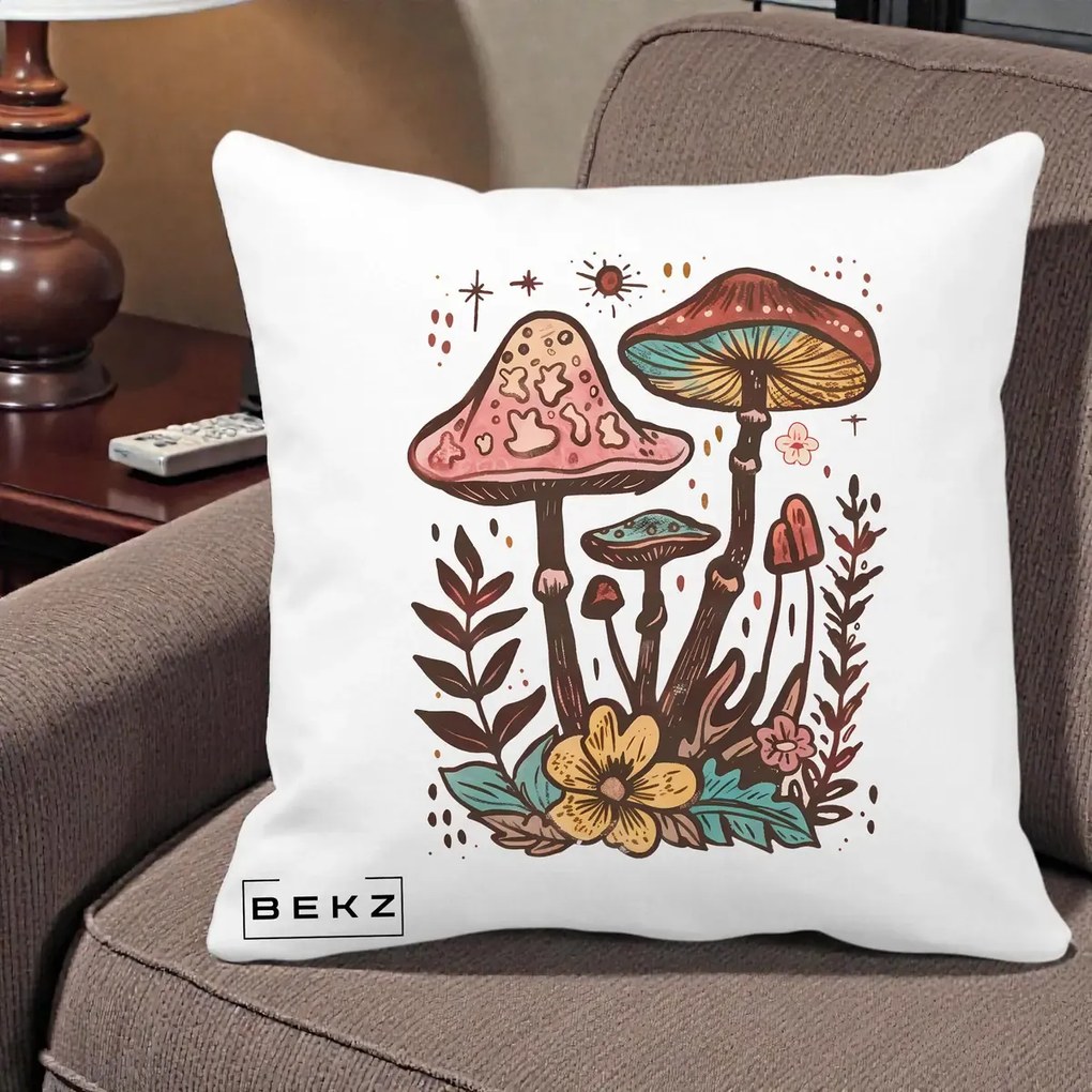 Perna Decorativa Ciuperci Boho Multicolore, 40x40 cm, Alba Mata, Husa Detasabila, Perna Inclusa, BEKZ®