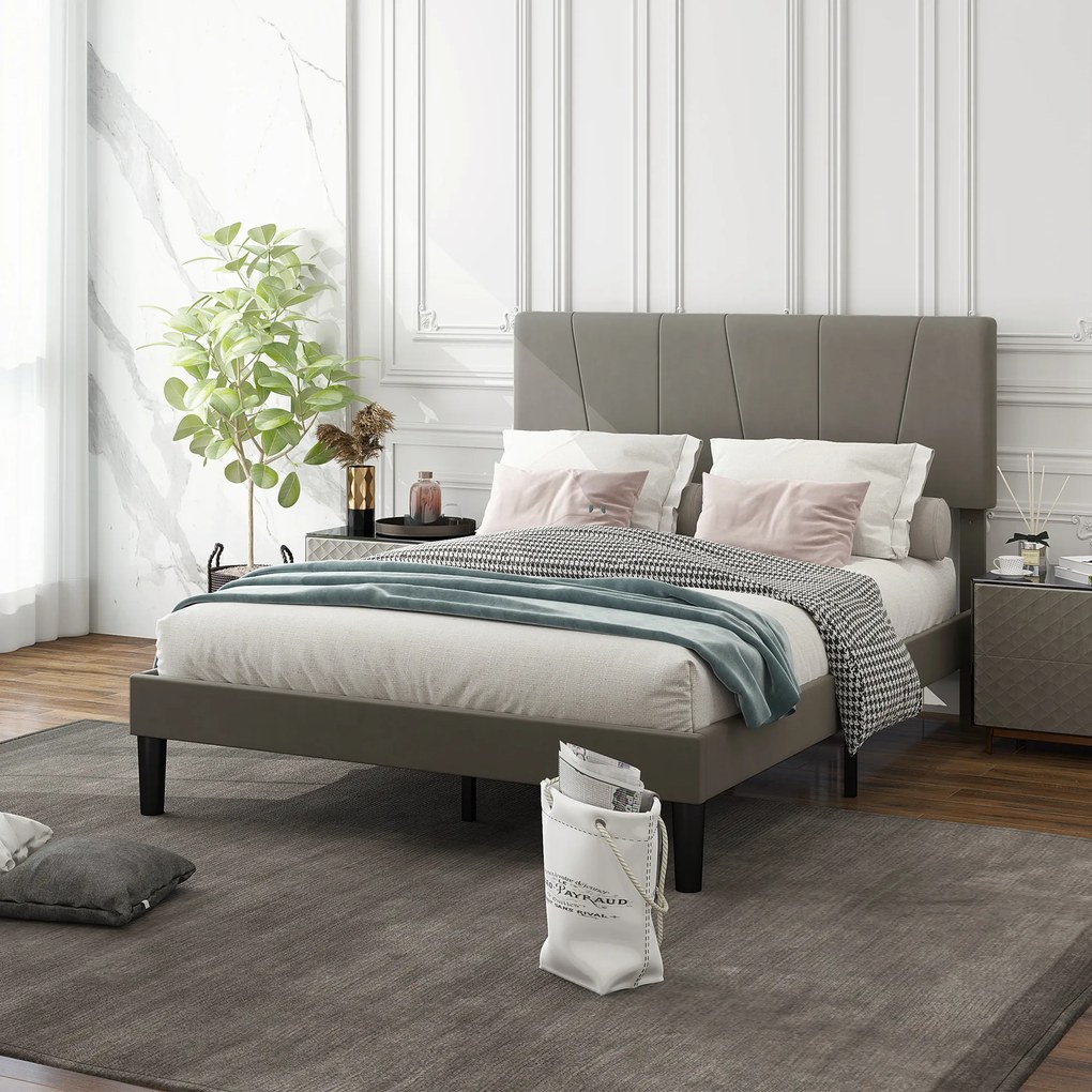 HOMCOM Cadru de pat dublu 140 x 190 cm pat 2 persoane cap de pat reglabil somier 150 x 198 x 100/105/110/115/120 cm gri | Aosom Romania