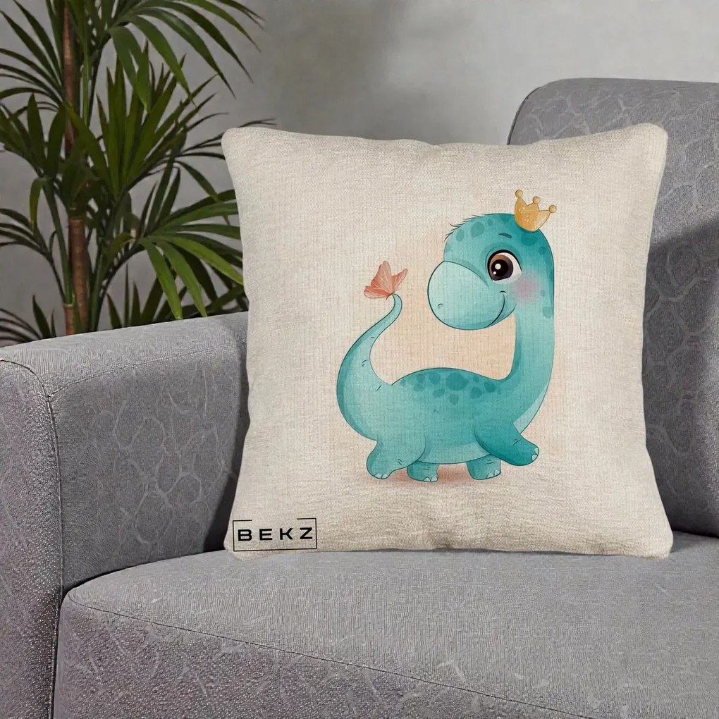 Perna Personalizata Dinozaur Bland Coroana Kawaii, 40x40 cm, Bej Canapea, Husa Detasabila, Perna Inclusa, BEKZ®