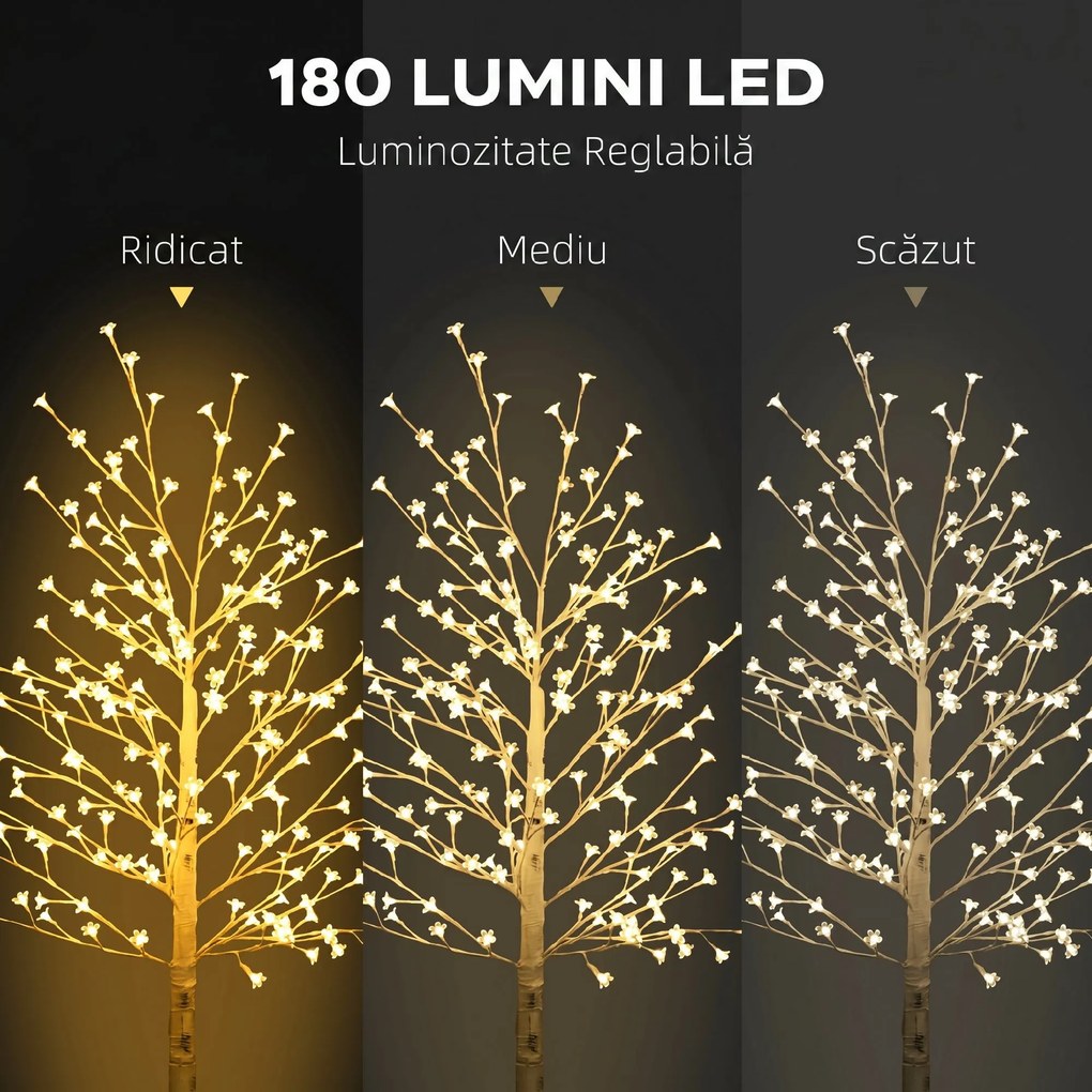 HOMCOM Brad de Mesteacăn cu 180 de Lumini LED Înălțime 180cm 3 Nivele de Luminozitate Alb | Aosom Romania