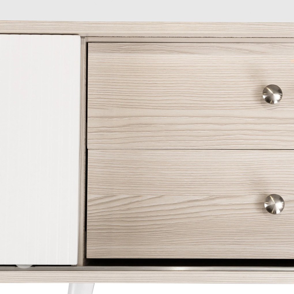 Comodă TV cu 2 sertare, uși glisante cu dungi și picioare stabile din lemn, 160x40x58 cm, Alb