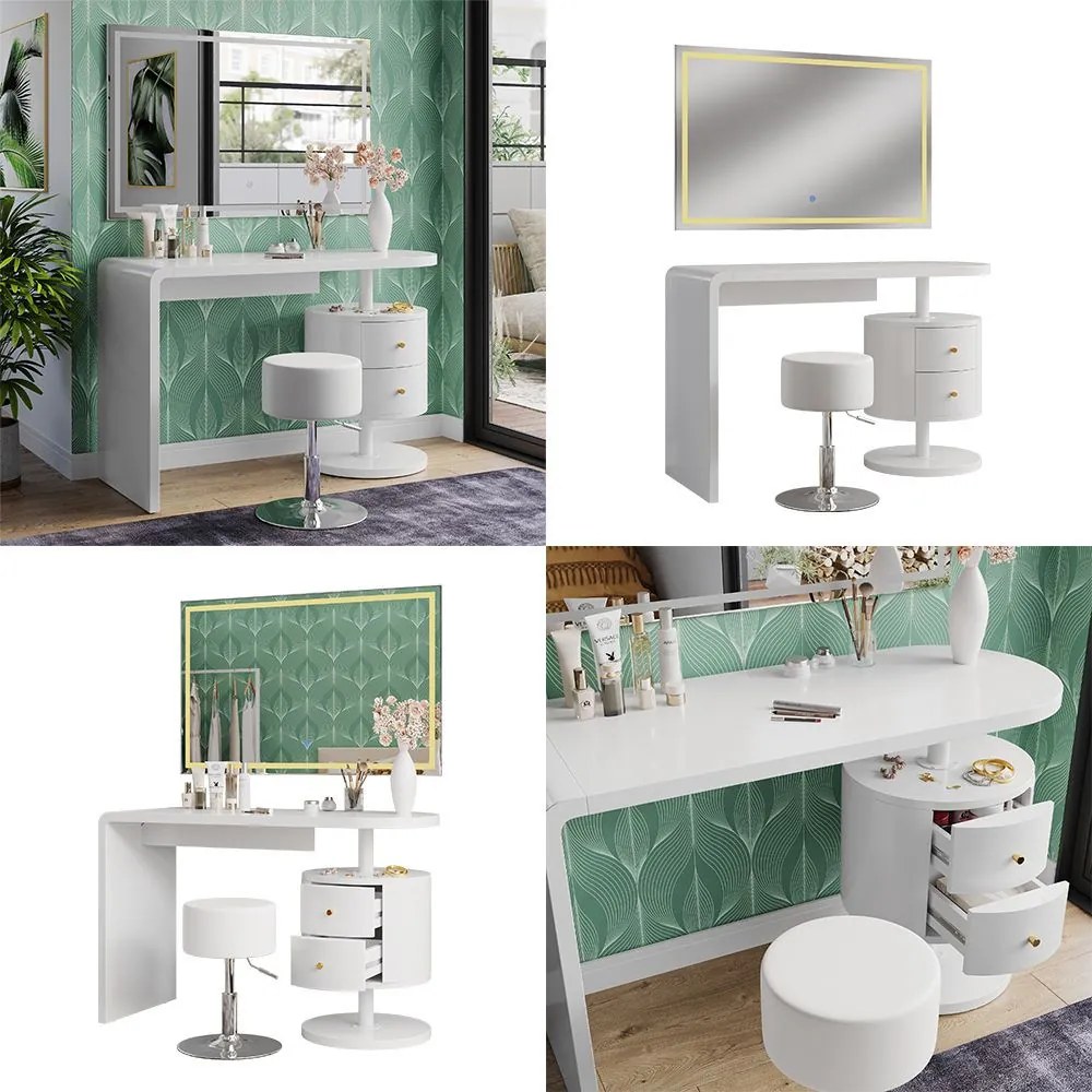 Masuta machiaj cu Oglinda LED si 2 Sertare pentru Cosmetice, Set Masa toaleta 120 cm, Alb Lucios, masuta cosmetica, vanity - SEA462