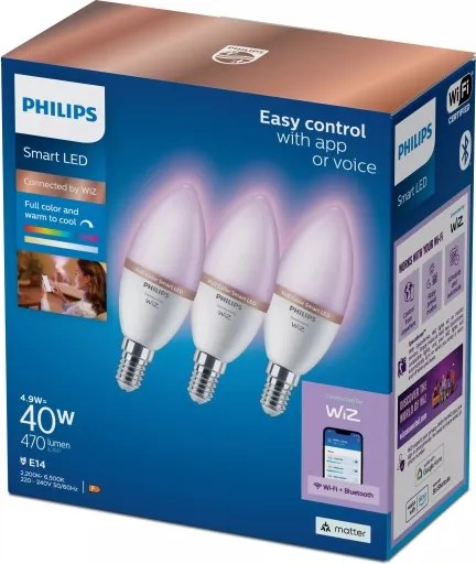 Set de 3 becuri LED RGB dimabile Philips SMART C37, soclu E14/4,9W/230V, 2200-6500K