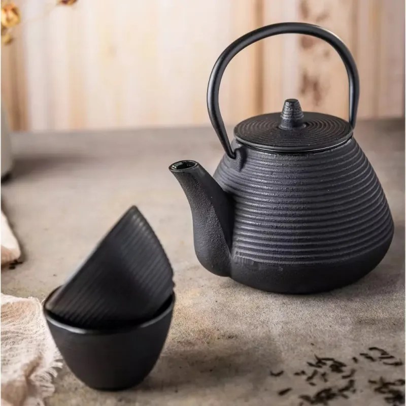 La mâna a doua: Ceainic din fonta cu 2 cani Kinghoff KH 1846, 1 L, Filtru, Inductie, Negru
