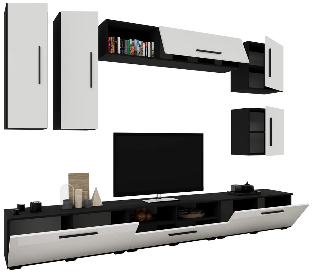 Living Kos V1, Negru/Alb Lucios, MDF, L 285 cm