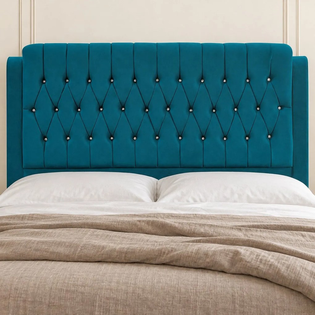 Pat tapițat Chesterfield din catifea Aveline Deluxe 180×200 cm, turcoaz, cu ladă de depozitare