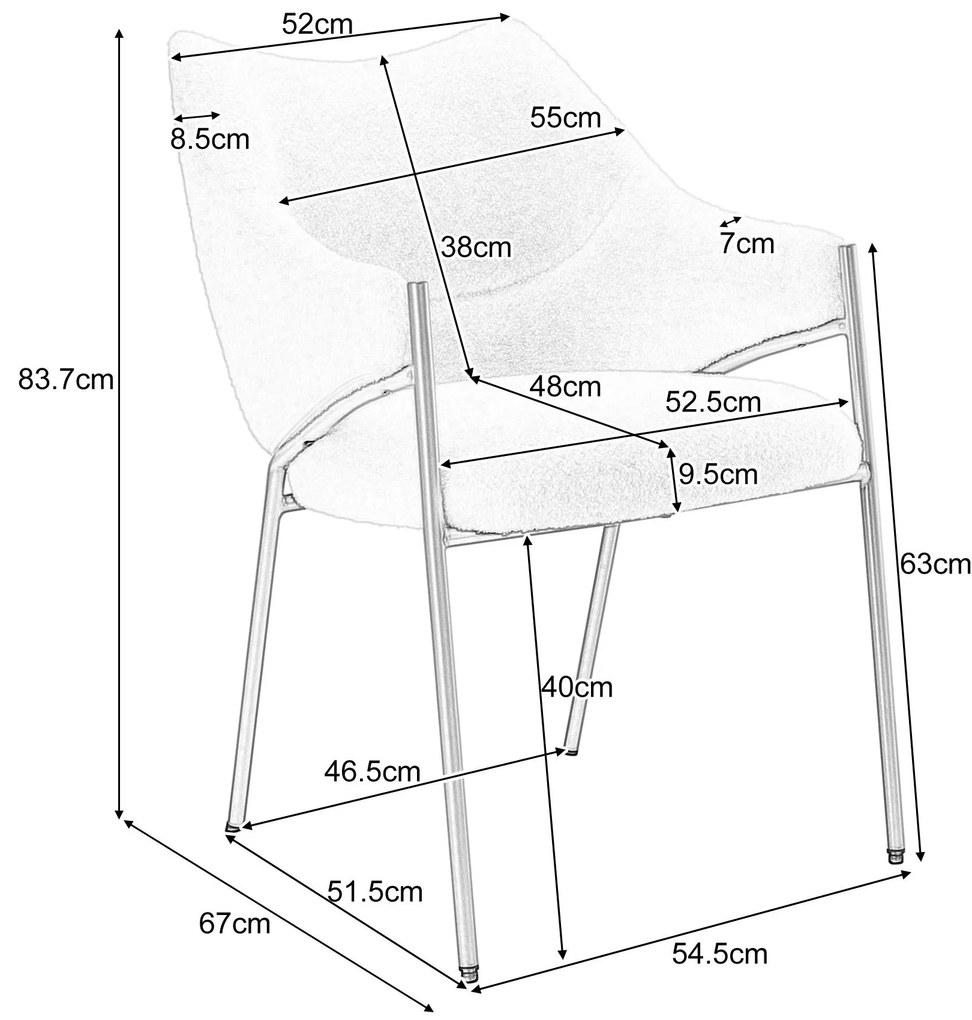 Scaun de prânz cu brațe, țesătură Sherpa, pernă de șezut groasă, spătar ergonomic, 52.5×48×83.7 cm, Bej
