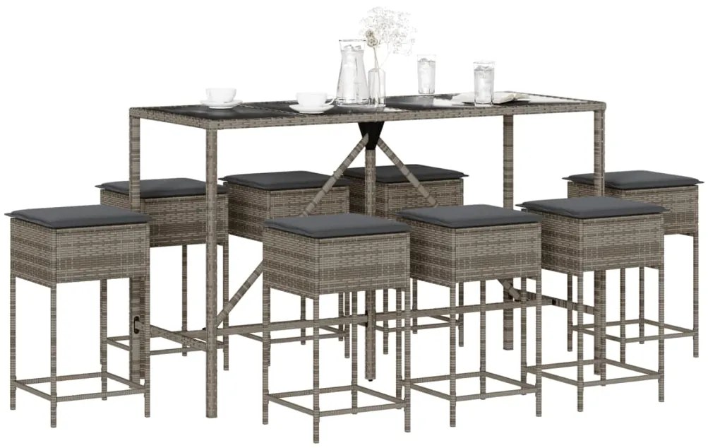 3261475 vidaXL Set mobilier bar de grădină, cu perne, 9 piese, gri, poliratan