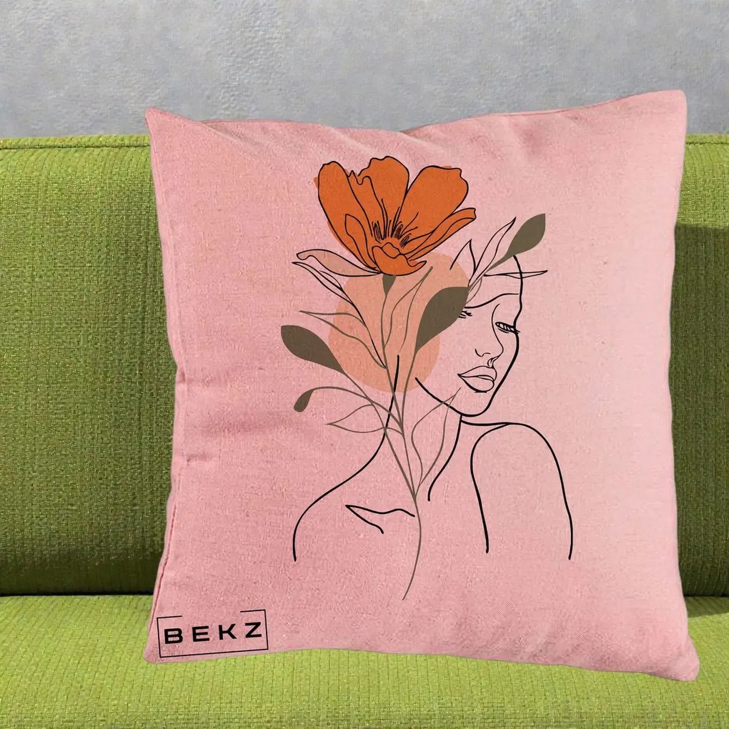 Perna Decorativa Portret Feminin Floare Portocalie, 40x40 cm, Roz, Husa Detasabila, Perna Inclusa, BEKZ®