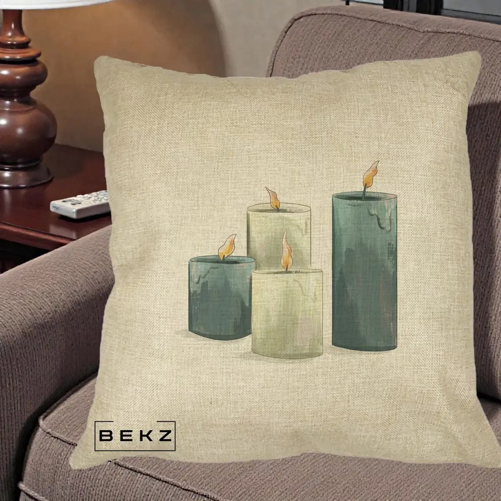 Perna Decorativa Lumanari Hygge Alb-Verde, 40x40 cm, Crem, Husa Detasabila, Perna Inclusa, BEKZ®