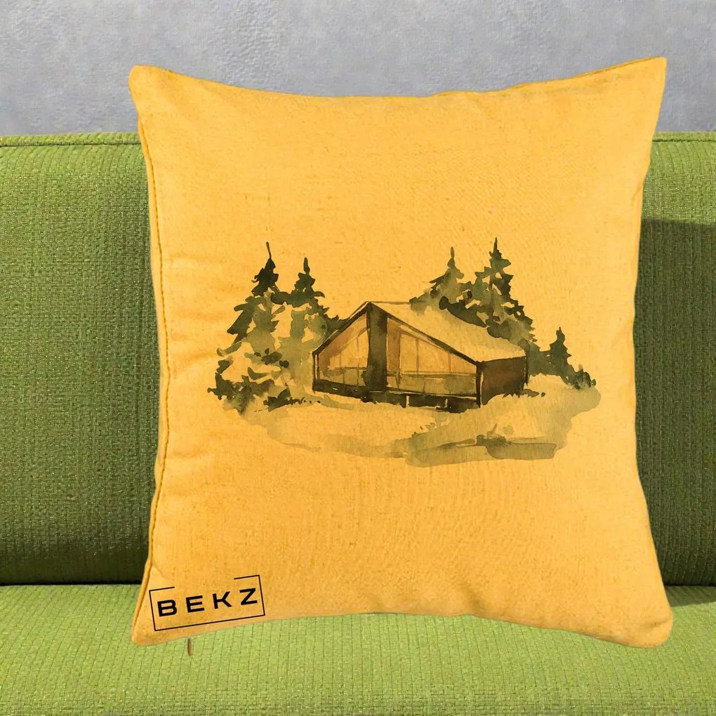 Perna Decorativa Cabana de Iarna in Padure, 40x40 cm, Galben, Husa Detasabila, Perna Inclusa, BEKZ®
