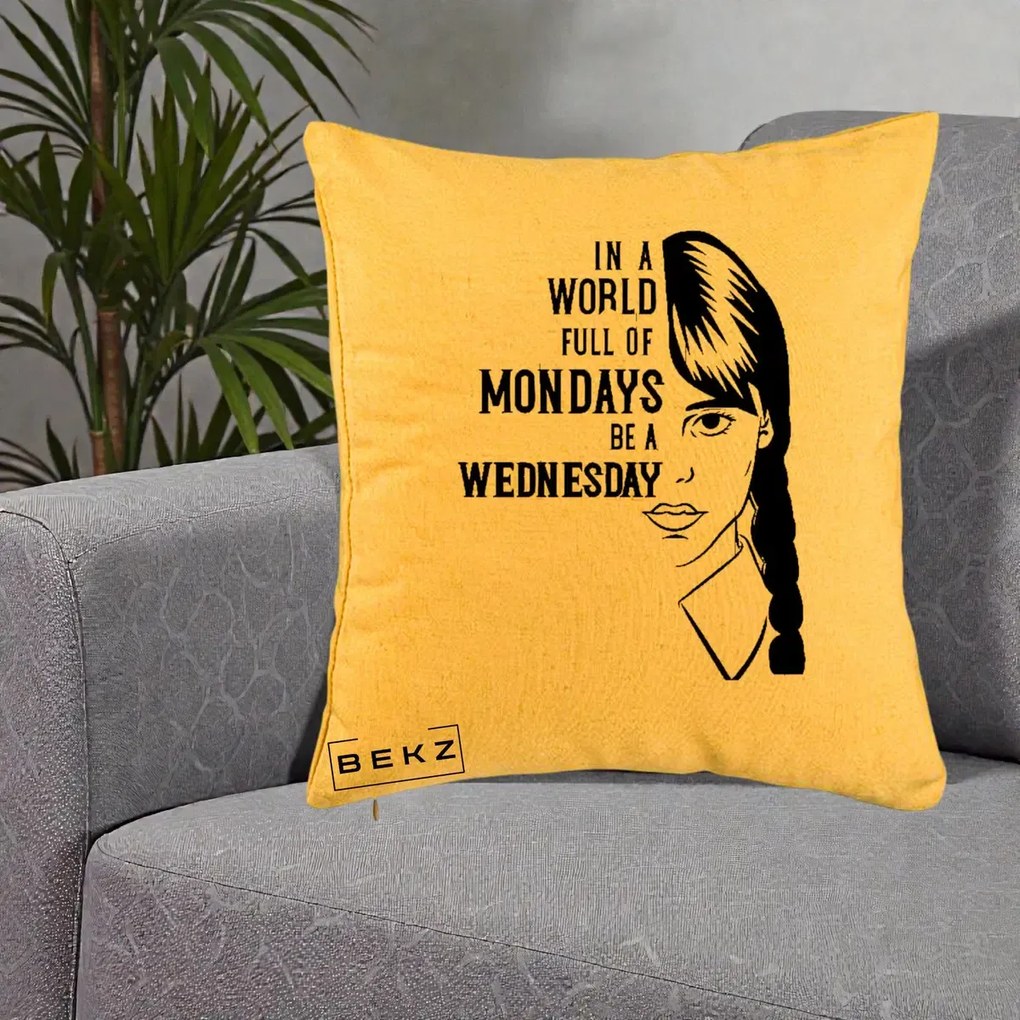Perna Personalizata Wednesday Be a Wednesday, 40x40 cm, Galben, Husa Detasabila, Perna Inclusa, BEKZ®