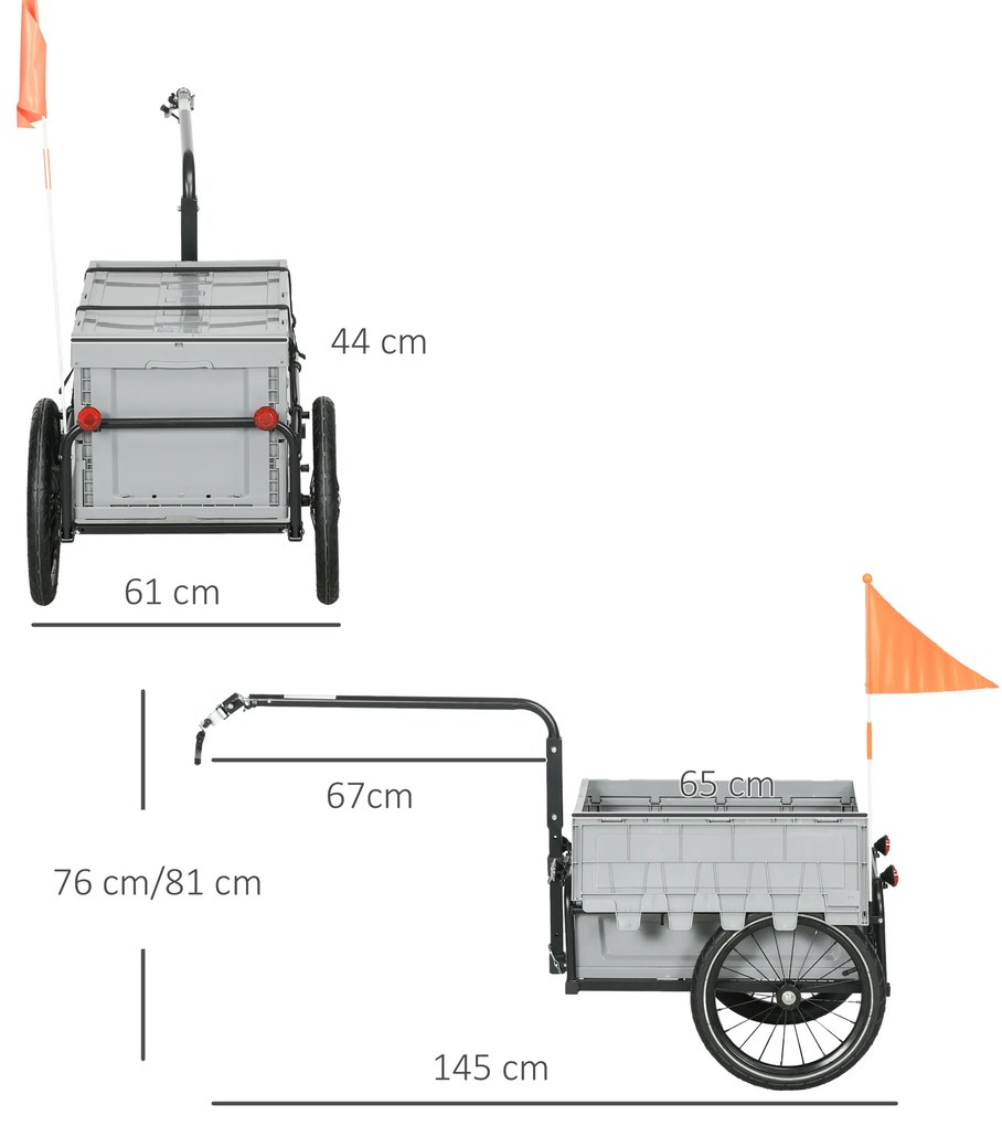 HOMCOM Remorcă pentru bicicletă cu cutie de depozitare detasabilă și pliabilă de 65L, reflectoare de siguranță, capacitate maximă 40KG, gri | Aosom Romania
