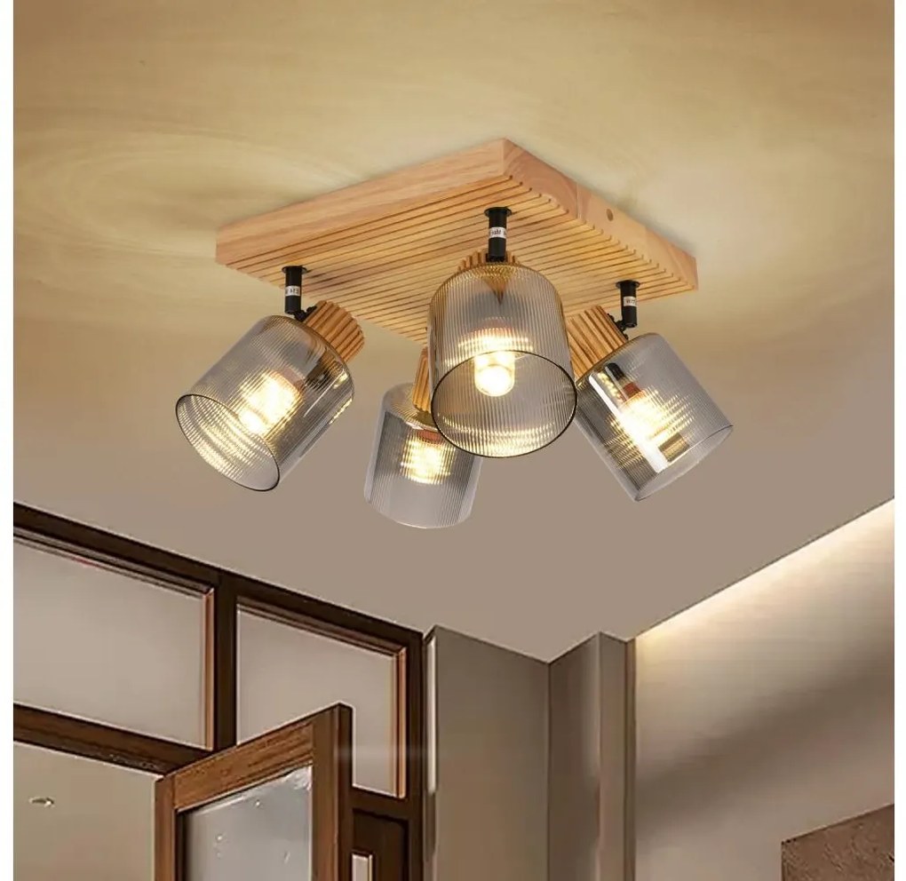 Brilagi - Plafonieră cu spoturi HYGGE, 4 x E14 / 15 W / 230 V, lemn de hevea / fumuriu
