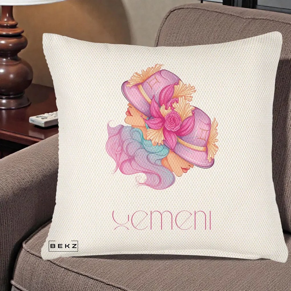Perna Personalizata Zodie Gemeni, 40x40 cm, Crem Reliefat, Husa Detasabila, Perna Inclusa, BEKZ®