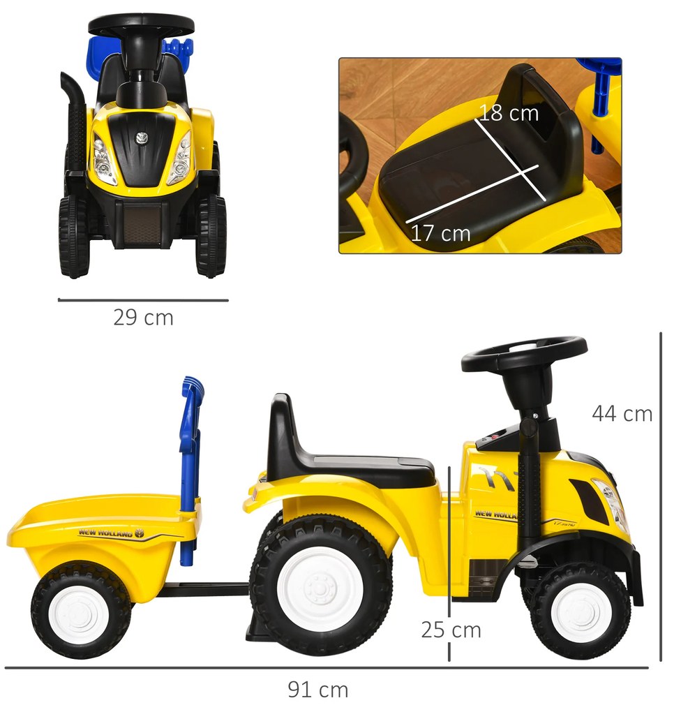 Tractor pentru Copii 12-36 Luni HOMCOM, Prevazut cu Loc cu Remorca, Grebla si Lopata, Joc Educativ, 91x29x44cm, Galben | Aosom RO