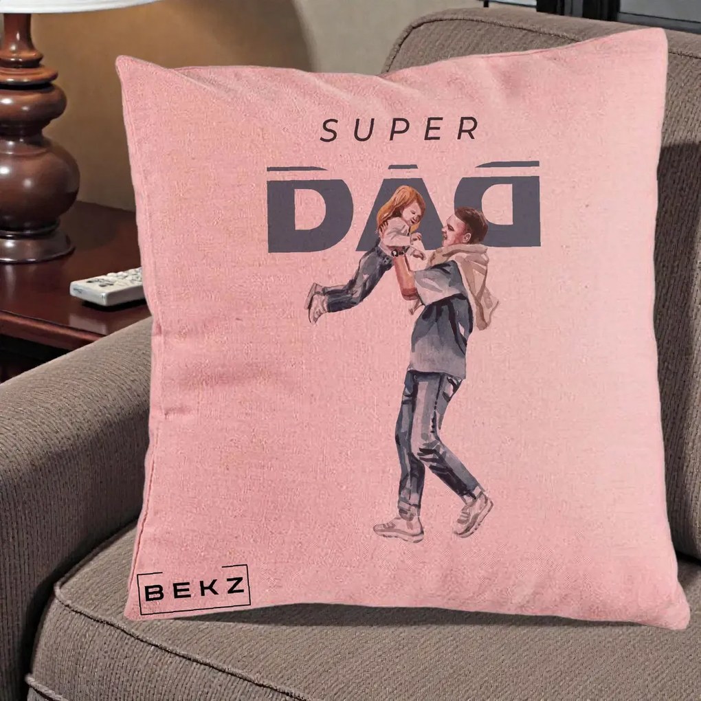 Cadou pentru Tata - Perna Personalizata Super DAD Tata si Fiica, 40x40 cm, Roz, Husa Detasabila, Perna Inclusa, BEKZ®