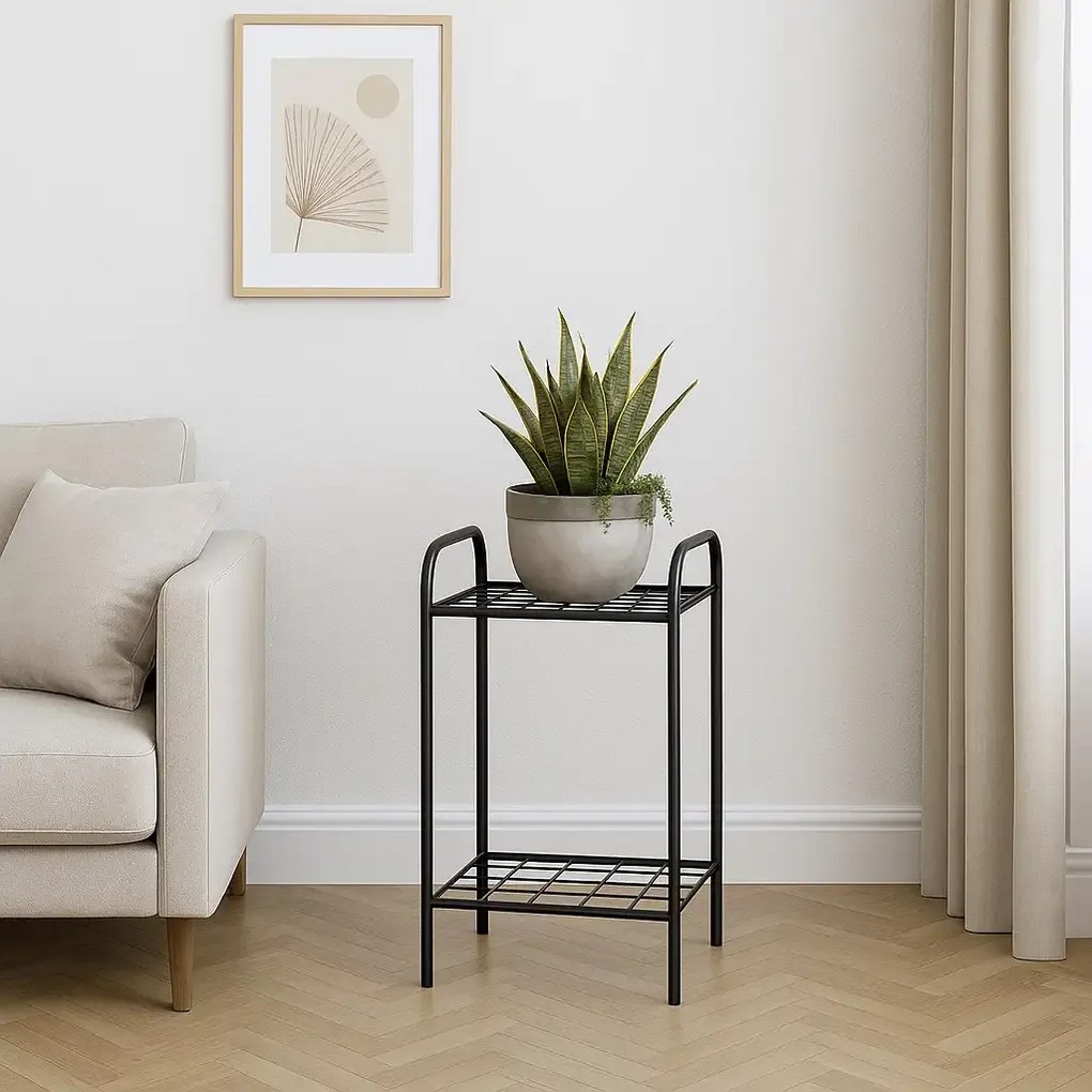 Etajera metal pentru flori 2 rafturi Decor Homs 33 x 60 x 31 cm, negru