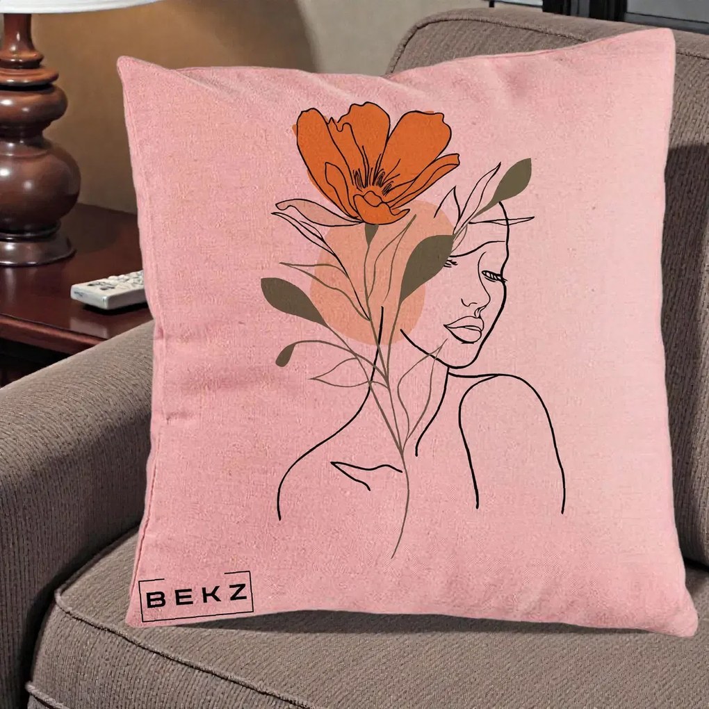 Perna decorativa line art Portret Feminin Floare Portocalie, 40x40 cm cu Umplutura, Roz, BEKZ