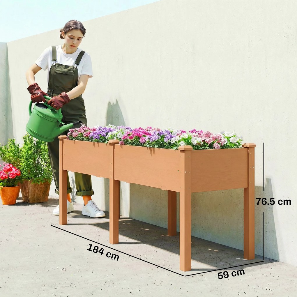 Outsunny Pat de grădină urban ridicat din lemn 184x59x76,5 cm cu 6 orificii de drenaj pentru cultivare plante flori Maro | Aosom Romania