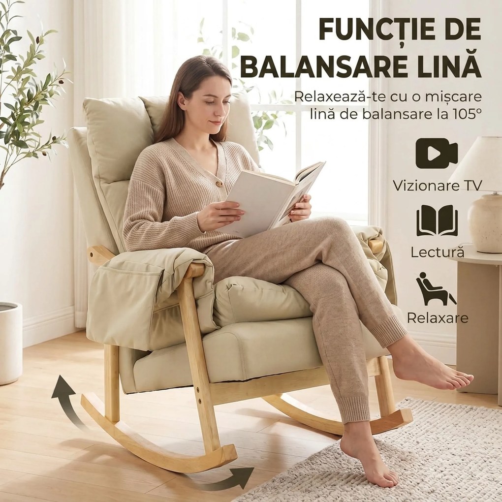 HOMCOM Fotoliu Balansoar Tapițat din Țesătură Tehnică, Șezut Adânc, Buzunare Laterale, Picioare din Lemn de Cauciuc, Bej | Aosom Romania