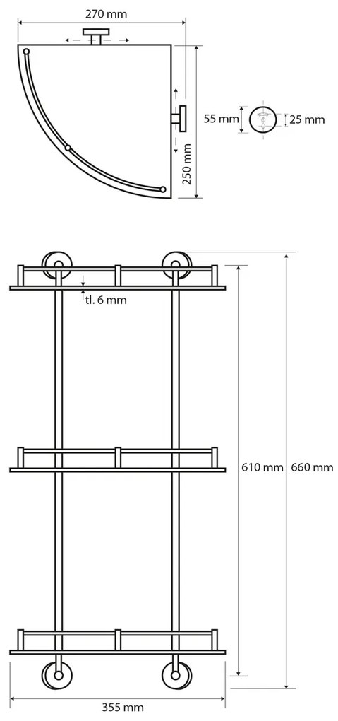 Sticlă SAPHO XR606 X-Round E. raft colțar. triplucu trapă, 27 x 66 x 27 cm