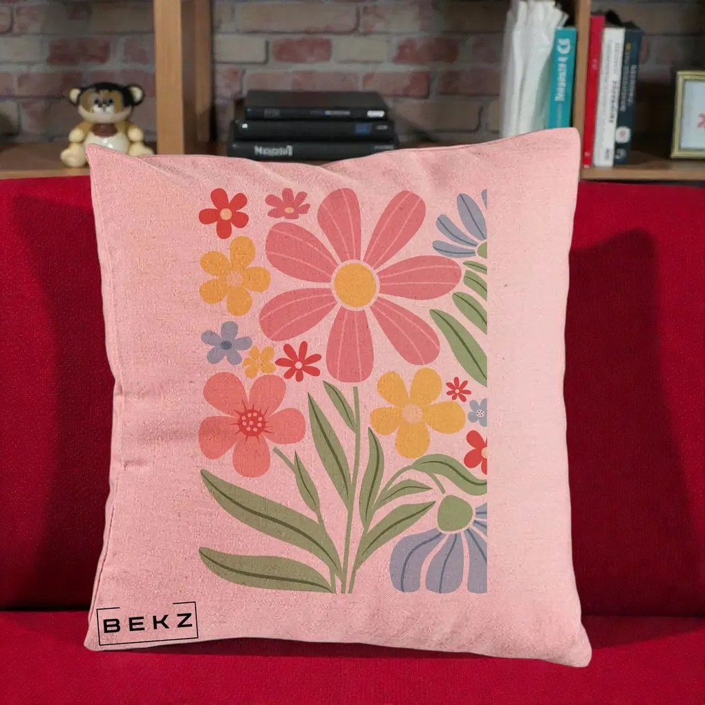Perna Decorativa Flori Grafice Roz Pastel, 40x40 cm, Roz, Husa Detasabila, Perna Inclusa, BEKZ®