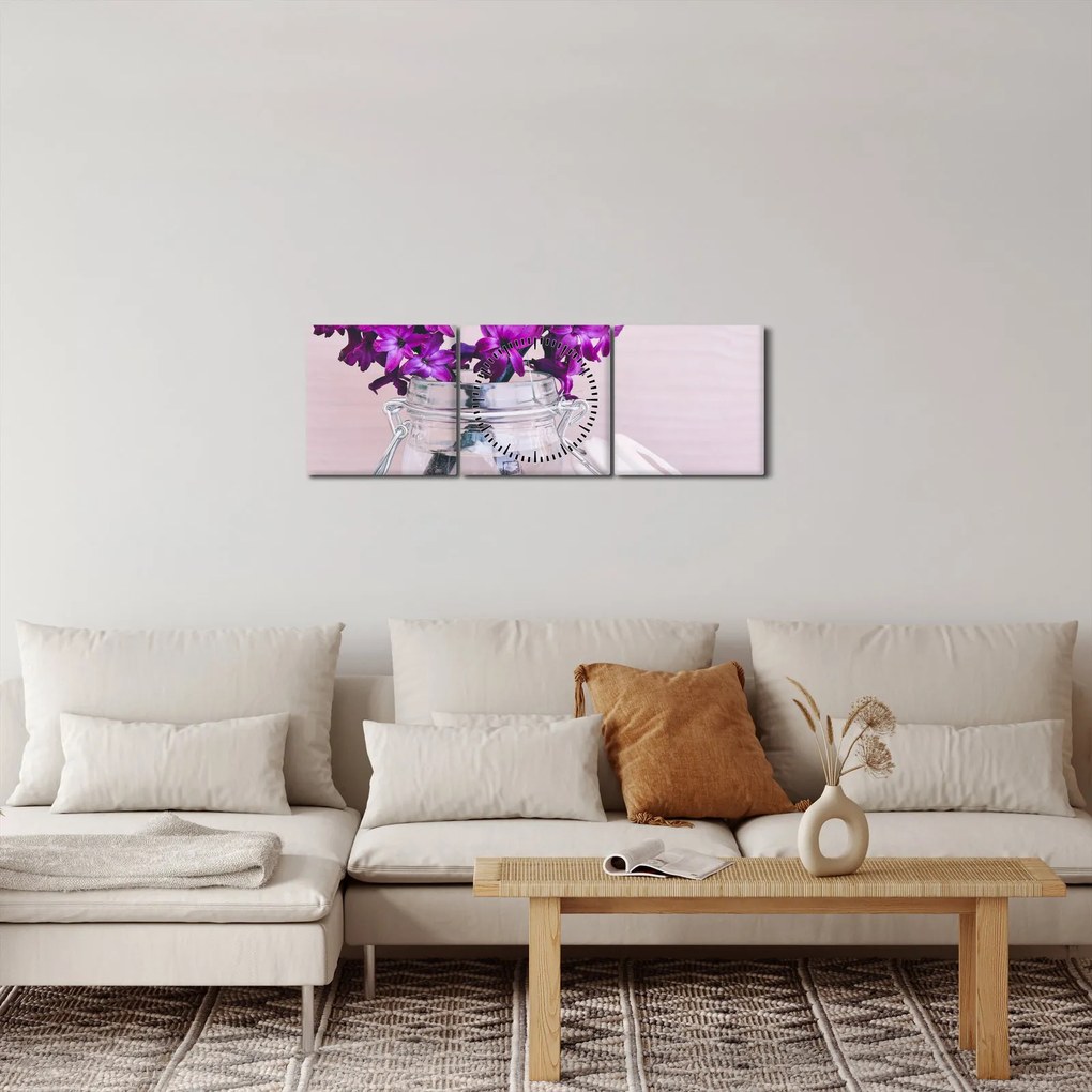 Tablou cu flori violete (cu ceas) (90x30 cm)
