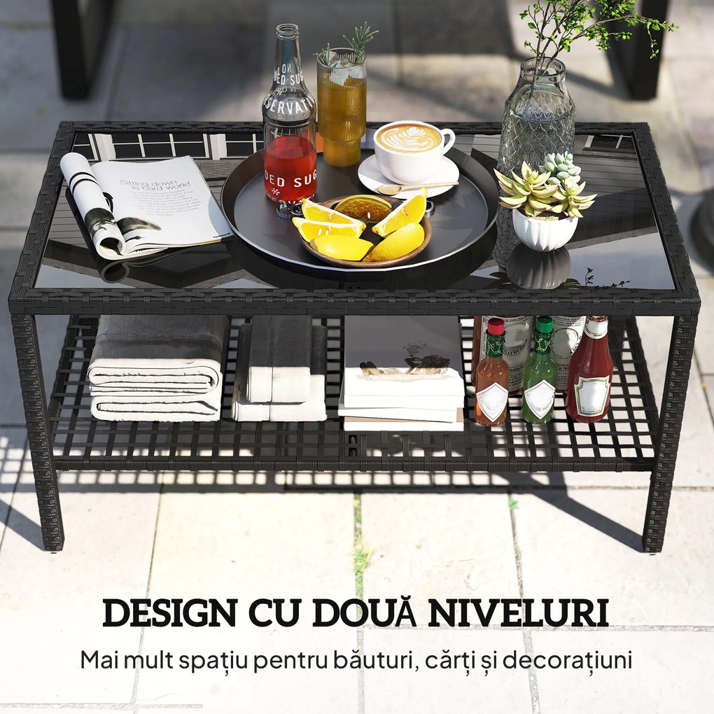 Outsunny Măsuță de Cafea din Ratan pe 2 Niveluri cu Raft, Blat din Sticlă Securizată, Măsuță de Exterior cu Cadru din Oțel, 92x50x45 cm, Negru | Aosom Romania