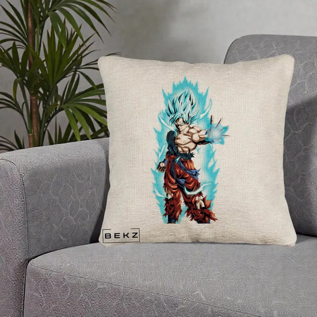 Perna Personalizata Dragon Ball Goku Ultra Instinct Blue, 40x40 cm, Bej Canapea, Husa Detasabila, Perna Inclusa, BEKZ®