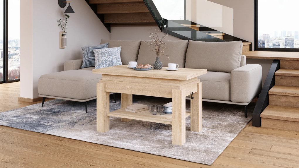 Mazzoni BRAWO Stejar Sonoma - MĂSUȚĂ DE CAFEA CU BLAT EXTENSIBIL ȘI RIDICABIL MASĂ CU RAFT