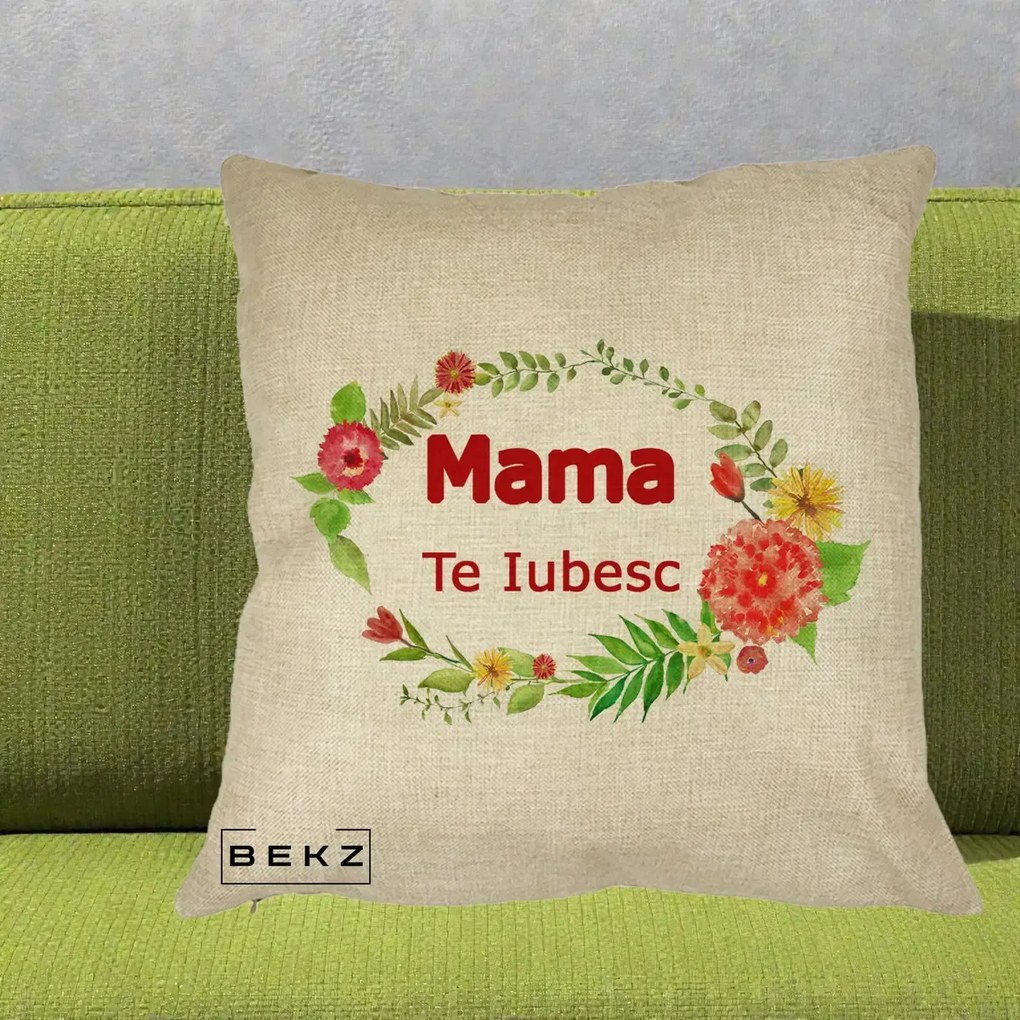 Cadou pentru Mama - Perna Personalizata Mama Te Iubesc Flori Rosii, 40x40 cm, Crem, Husa Detasabila, Perna Inclusa, BEKZ®