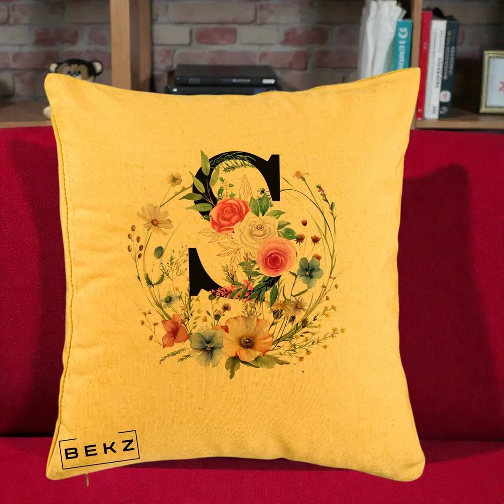 Cadou Personalizat - Perna Personalizata Monogram Litera S cu Flori Acuarela, 40x40 cm, Galben, Husa Detasabila, Perna Inclusa, BEKZ®