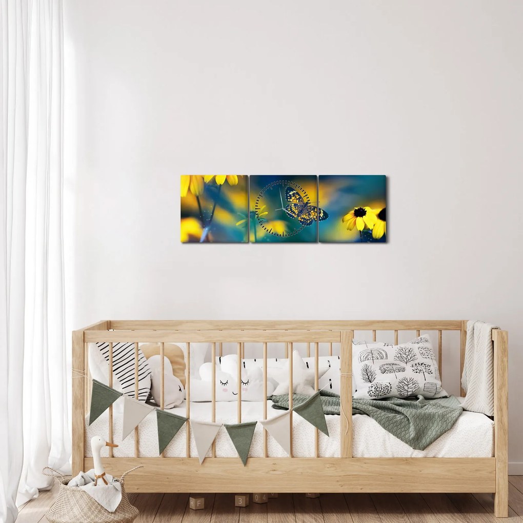Tablou - Fluture galben și flori (cu ceas) (90x30 cm)