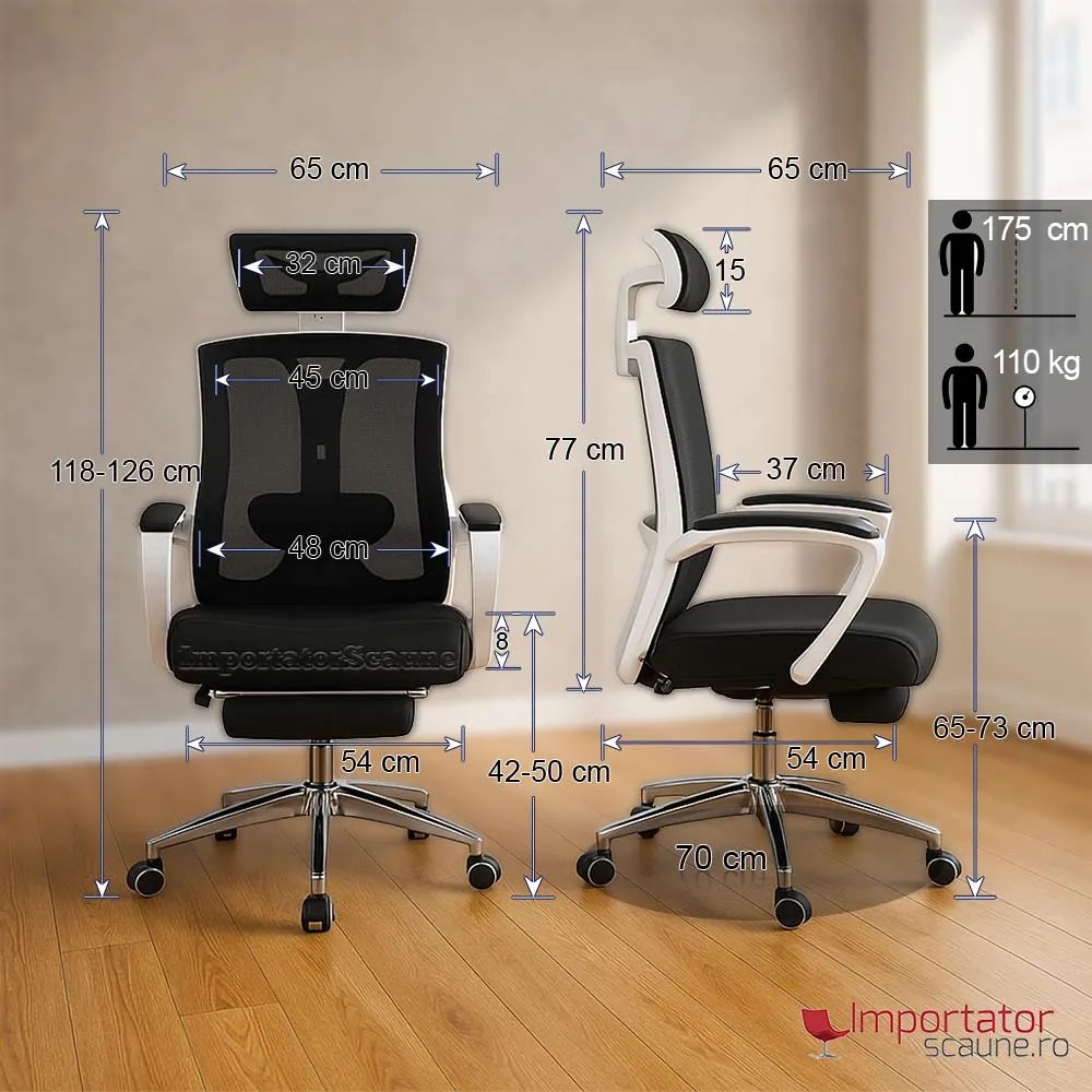 Scaun ergonomic OFF 420 negru, suport picioare și tetieră 2D