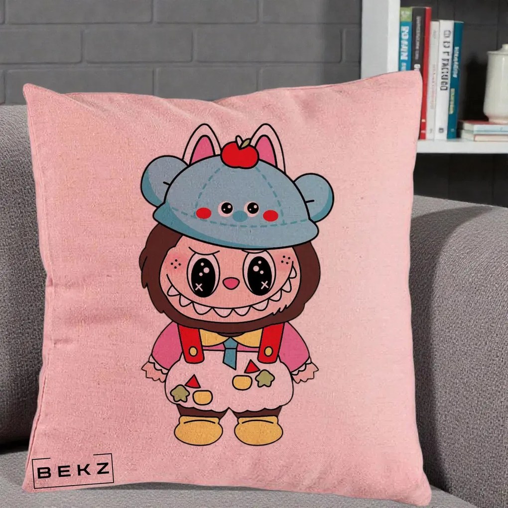 Perna Personalizata Labubu x Urs Albastru Colorat, 40x40 cm, Roz, Husa Detasabila, Perna Inclusa, BEKZ®