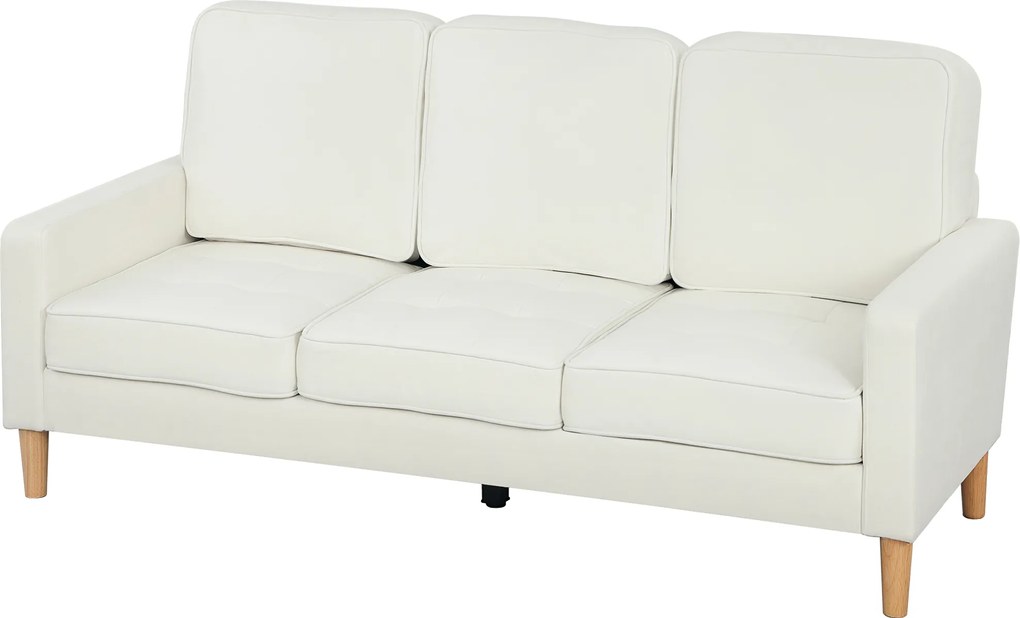 HOMCOM Canapea cu 3 locuri cu perne groase, lemn de cauciuc, acoperiș textil, canapea capitonată pentru sufragerie, birou, dormitor, crem-alb | Aosom Romania