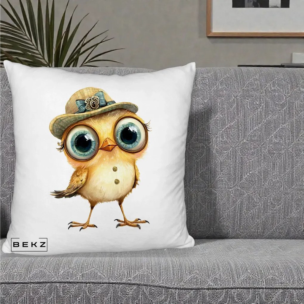 Perna Decorativa Pui Elegant cu Palarie Teal, 40x40 cm, Alb Pufos, Husa Detasabila, Perna Inclusa, BEKZ®