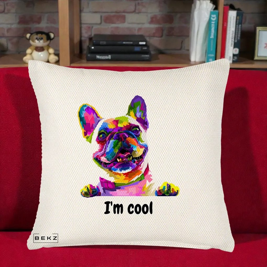 Perna Personalizata Bulldog Francez I'm Cool, 40x40 cm, Crem Reliefat, Husa Detasabila, Perna Inclusa, BEKZ®