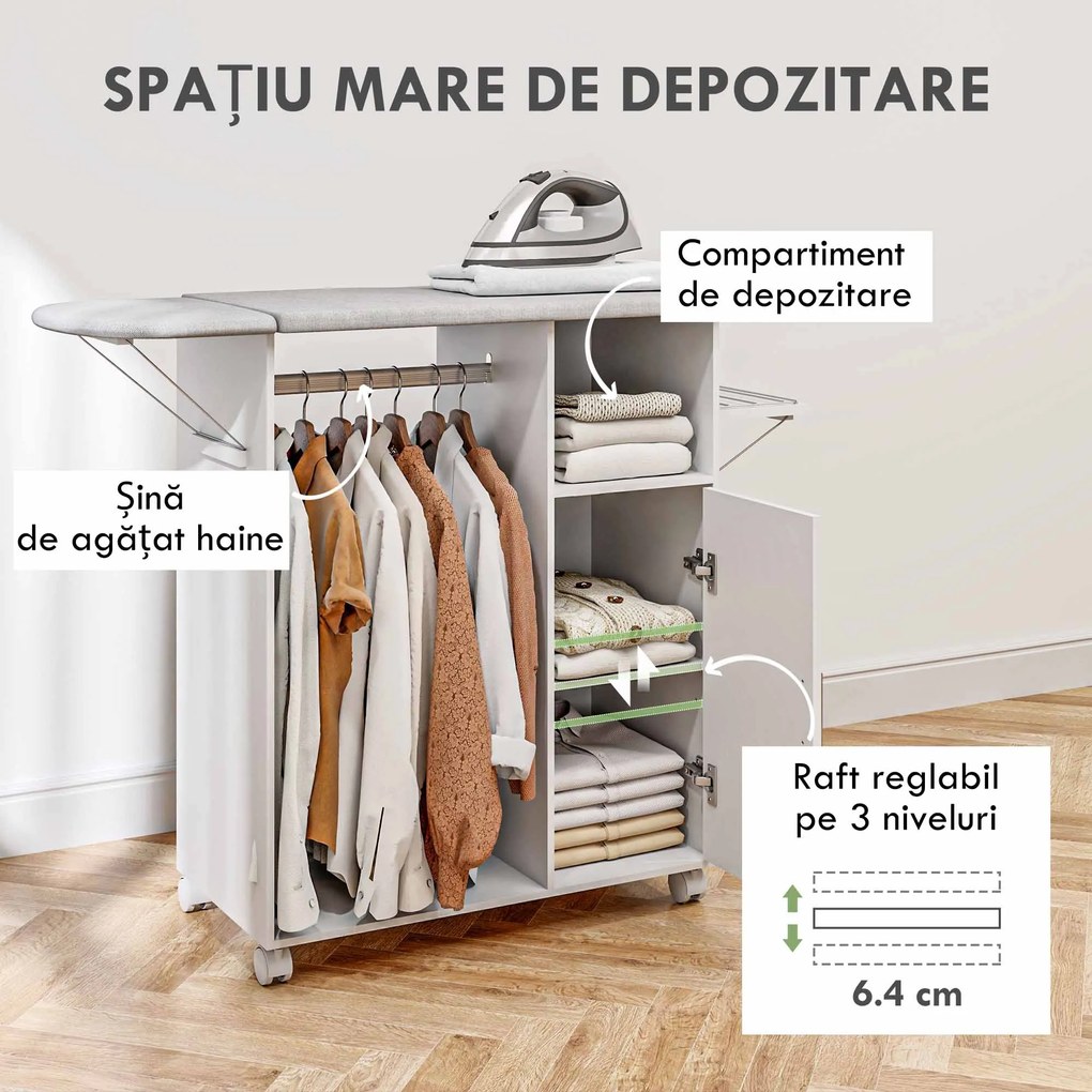 HOMCOM Dulap Multifuncțional cu Masă de Călcat | Blat din Tesatura Efect In | 3 Rafturi | Ghidaj pentru Agățat | 127x42.5x99 cm | Alb | Aosom Romania