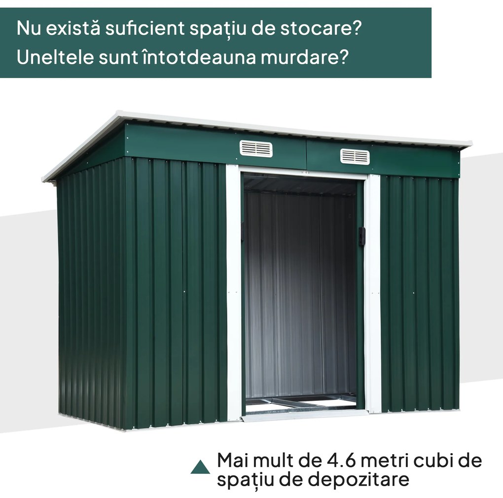 Outsunny Căsuță pentru Grădină din Oțel, Magazie pentru Unelte cu 2 Uși Glisante, 255x131x160/182 cm, Verde | Aosom Romania