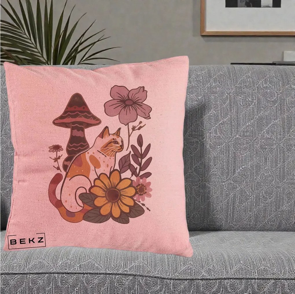 Perna Decorativa Pisica Vintage Florala Boho, 40x40 cm, Roz, Husa Detasabila, Perna Inclusa, BEKZ®