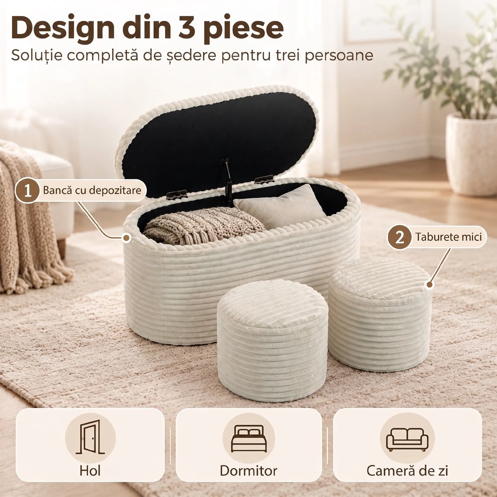 HOMCOM Set 3 piese cu spațiu de depozitare din catifea raiată, pentru living și dormitor, crem | Aosom Romania