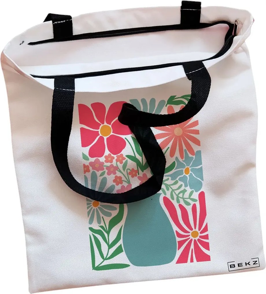 Sacosa de Panza pentru Cumparaturi, Geanta Tote, Boho Style 17, Cu fermoar, 38x34.5 cm, Alba, BEKZ®