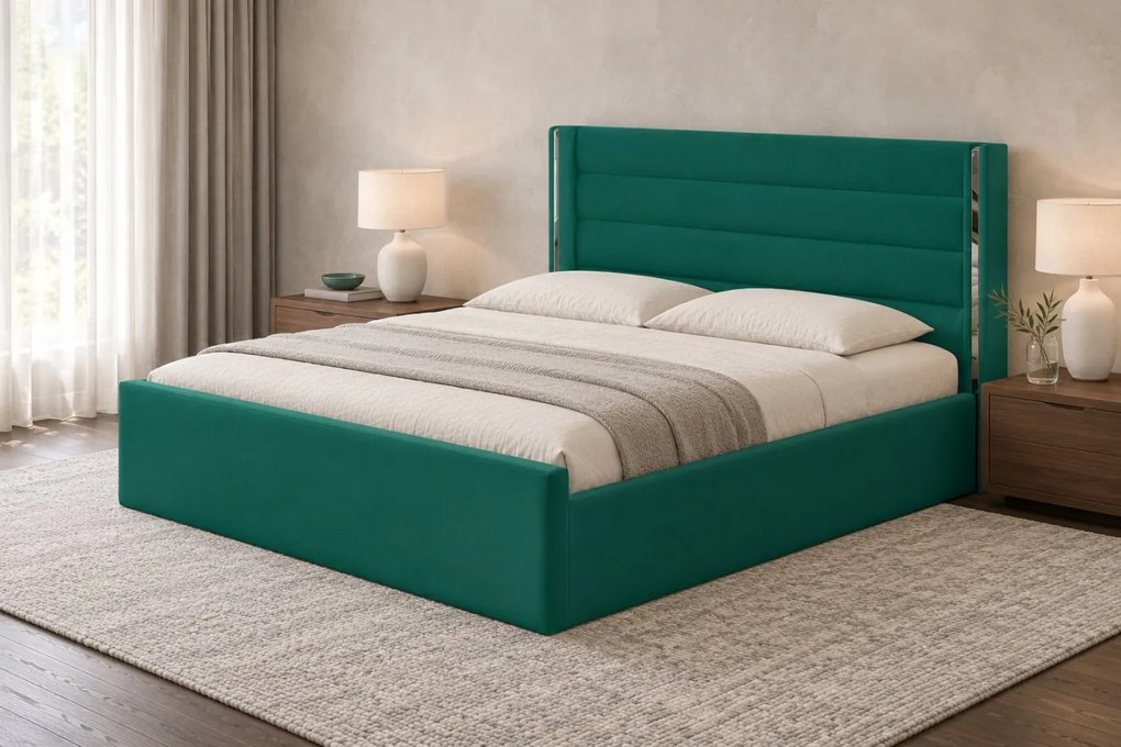 Pat tapițat din catifea Veyra 160×200 cm, verde, detalii argintii, cu ladă de depozitare