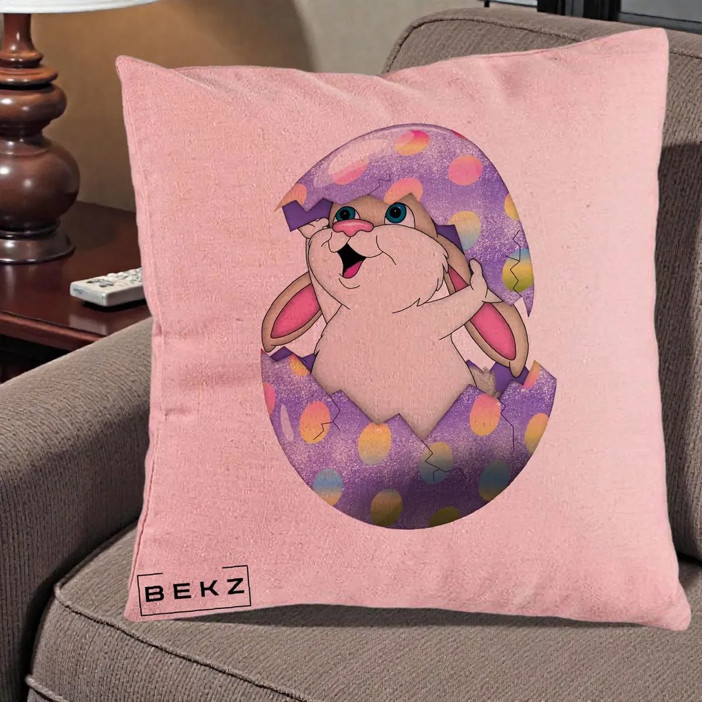Perna Decorativa Iepuras din Ou de Pasti, 40x40 cm, Roz, Husa Detasabila, Perna Inclusa, BEKZ®