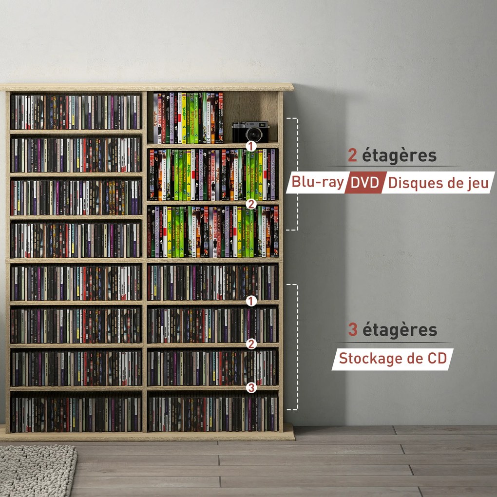 HOMCOM Rafturi pentru CD și DVD cu 16 compartimente și 12 polițe reglabile capacitate max. 720 CD/396 DVD și Blu-ray natural | Aosom Romania