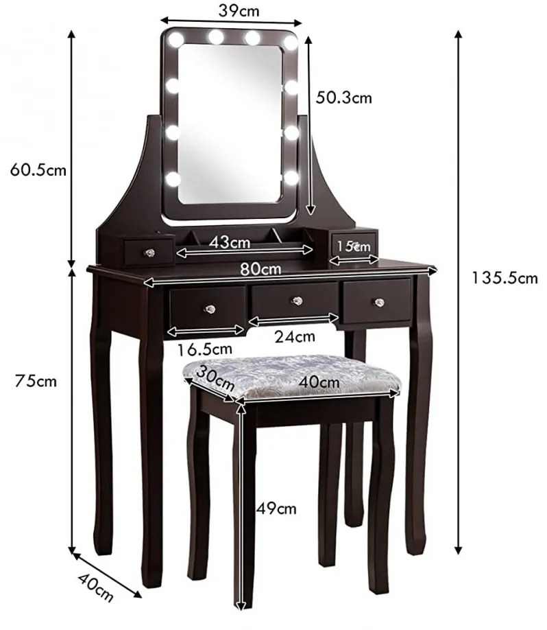 SEM107 - Set Masa toaleta cosmetica 80 cm machiaj masuta vanity, oglinda cu LED - Maro