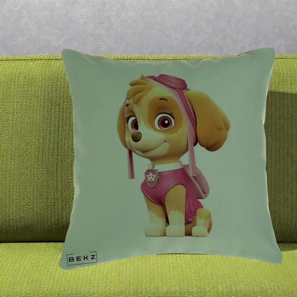 Perna Personalizata Skye PAW Patrol Roz, 40x40 cm, Verde, Husa Detasabila, Perna Inclusa, BEKZ®