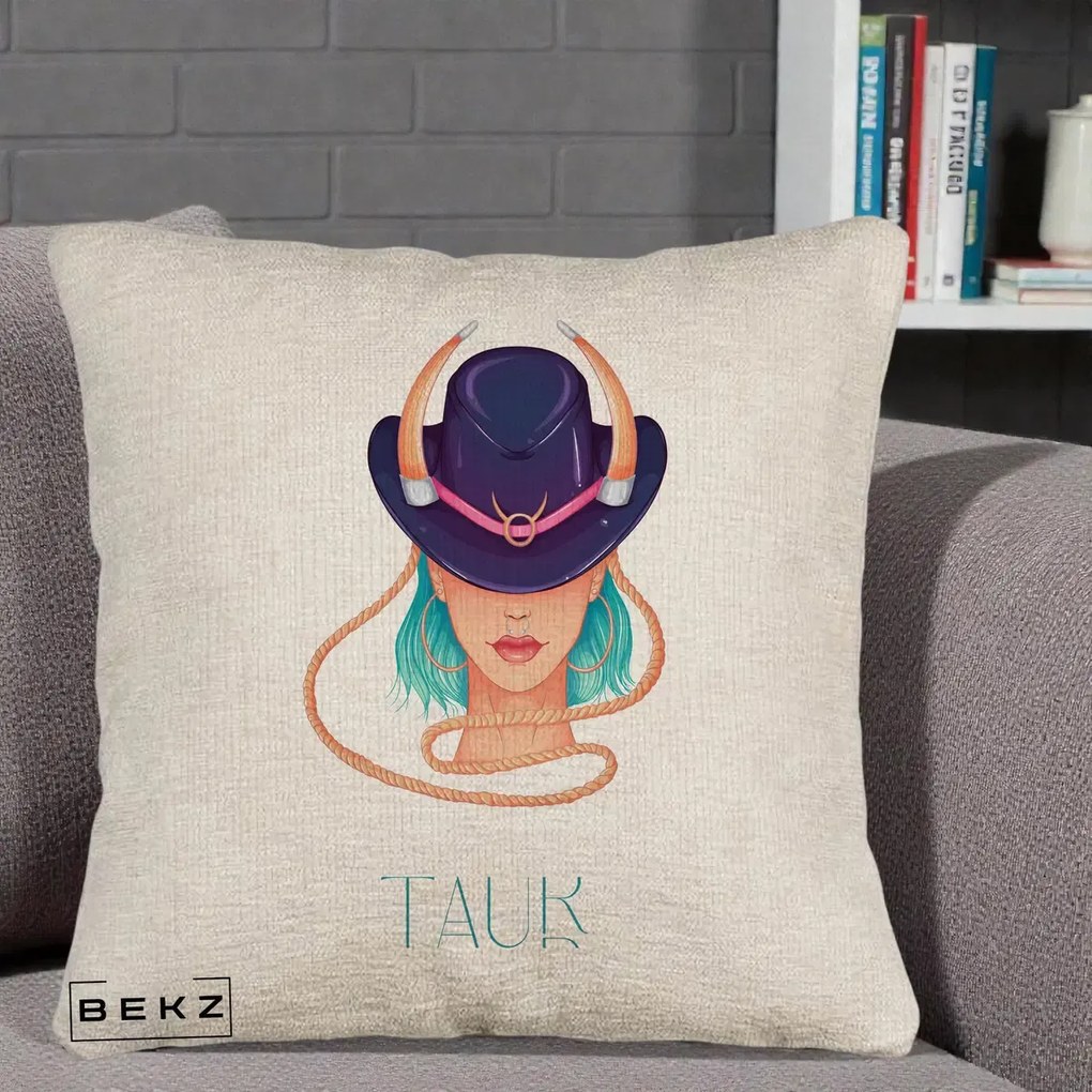 Perna Personalizata Zodie Taur, 40x40 cm, Bej Canapea, Husa Detasabila, Perna Inclusa, BEKZ®